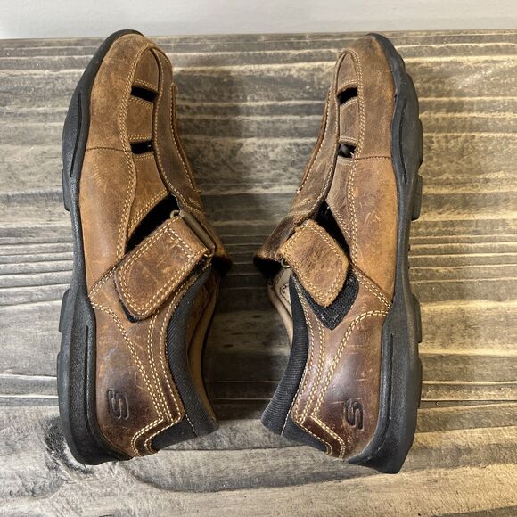 Skechers Mens Size 8 Brown Leather Adjustable Slip On Closed Toe Brown Sandal - Picture 7 of 8